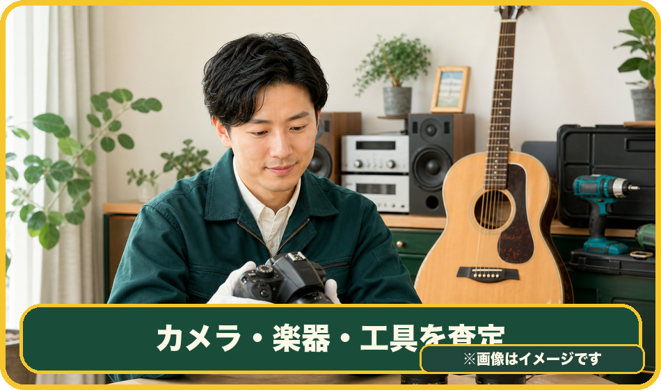 カメラや楽器や工具を確認する査定員のイメージ