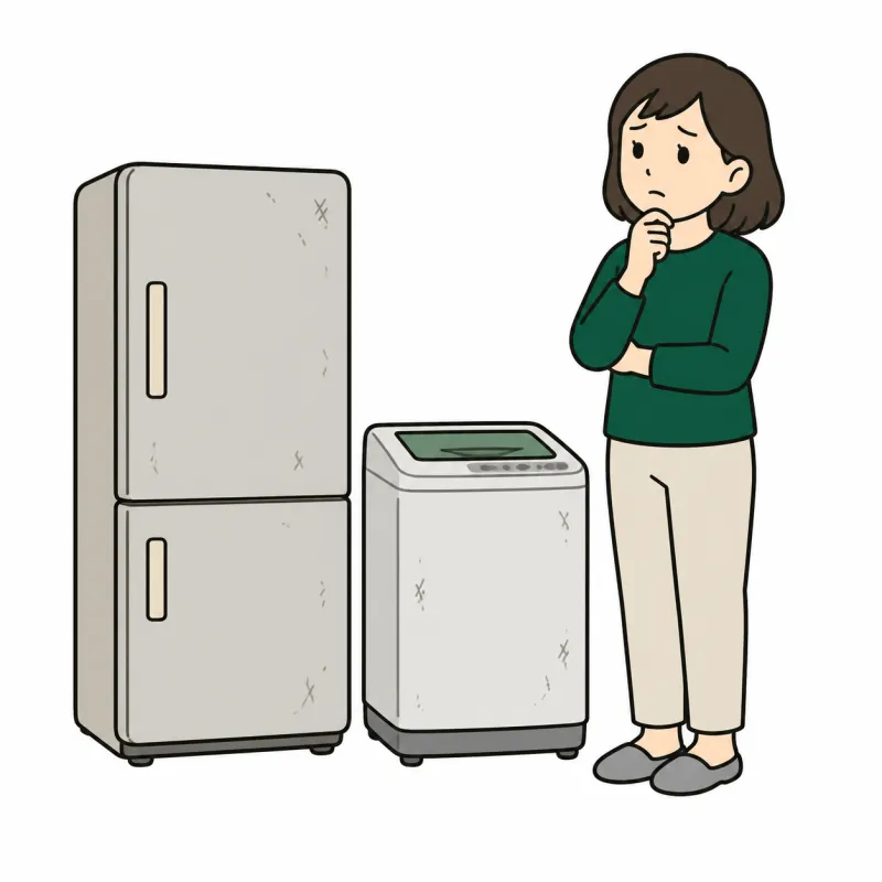 古い家電を前に売れるか悩む人のイラスト