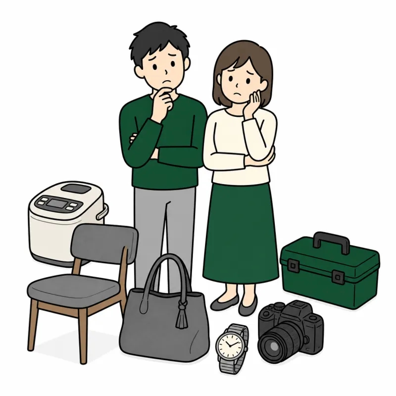 たくさんの品物に囲まれて悩む夫婦のイラスト