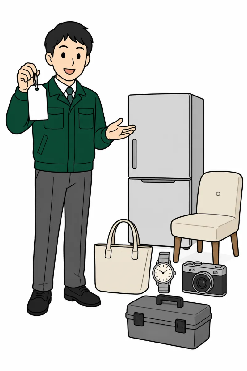 値札を持つ査定員と家電・家具のイラスト