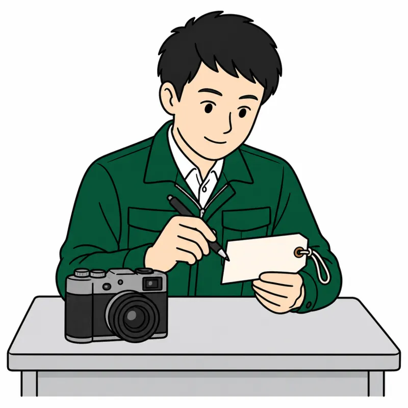 品物を見て値札を書く査定員のイラスト